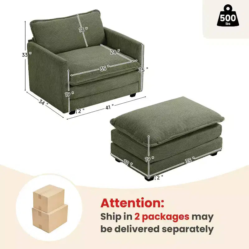 Fauteuil d'appoint moderne Hyleory en velours côtelé avec pouf en