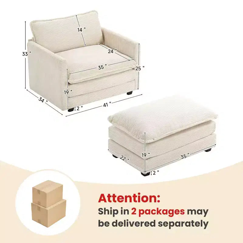 Fauteuil d'appoint moderne Hyleory en velours côtelé avec pouf en