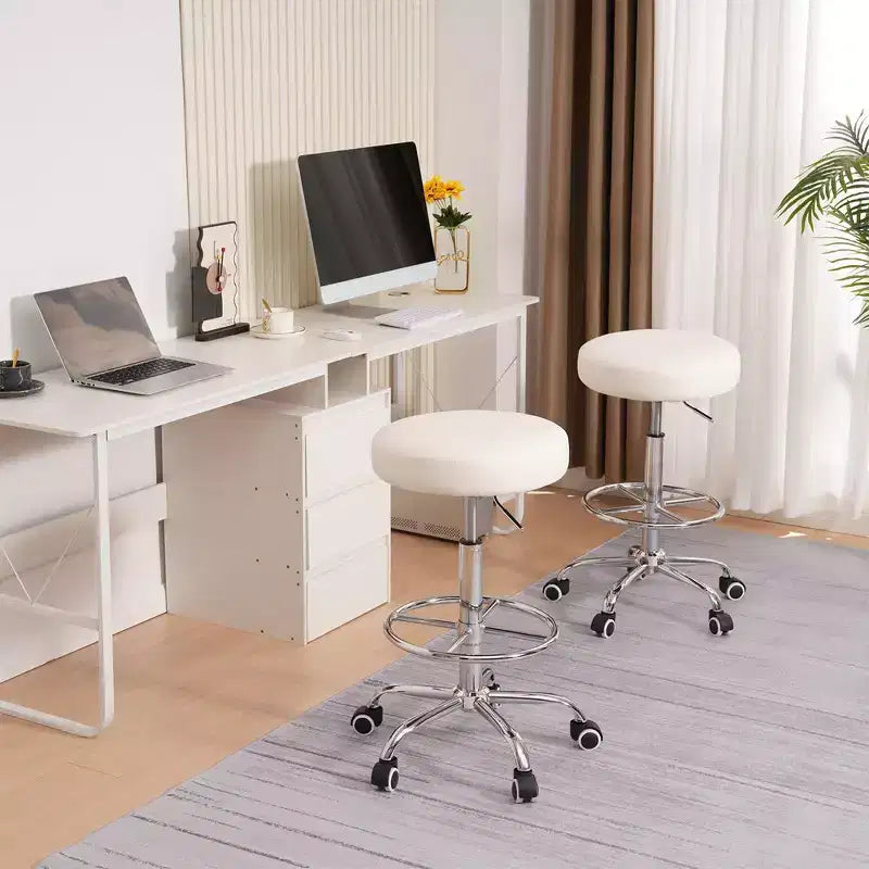 Tabouret roulant rond VECELO, assemblage facile, similicuir, hauteur réglable, chaise pivotante de dessinateur