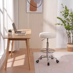 Tabouret roulant rond VECELO, assemblage facile, similicuir, hauteur réglable, chaise pivotante de dessinateur