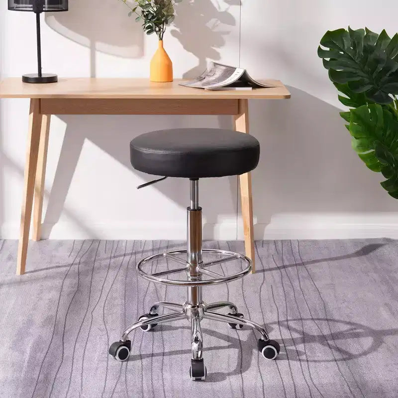 Tabouret roulant rond VECELO, assemblage facile, similicuir, hauteur réglable, chaise pivotante de dessinateur