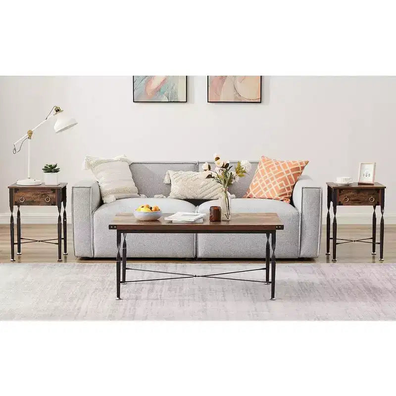 Table basse rectangulaire VECELO pour salon, meuble d'appoint d'aspect bois industriel, design en X et cadre en métal, marron rustique