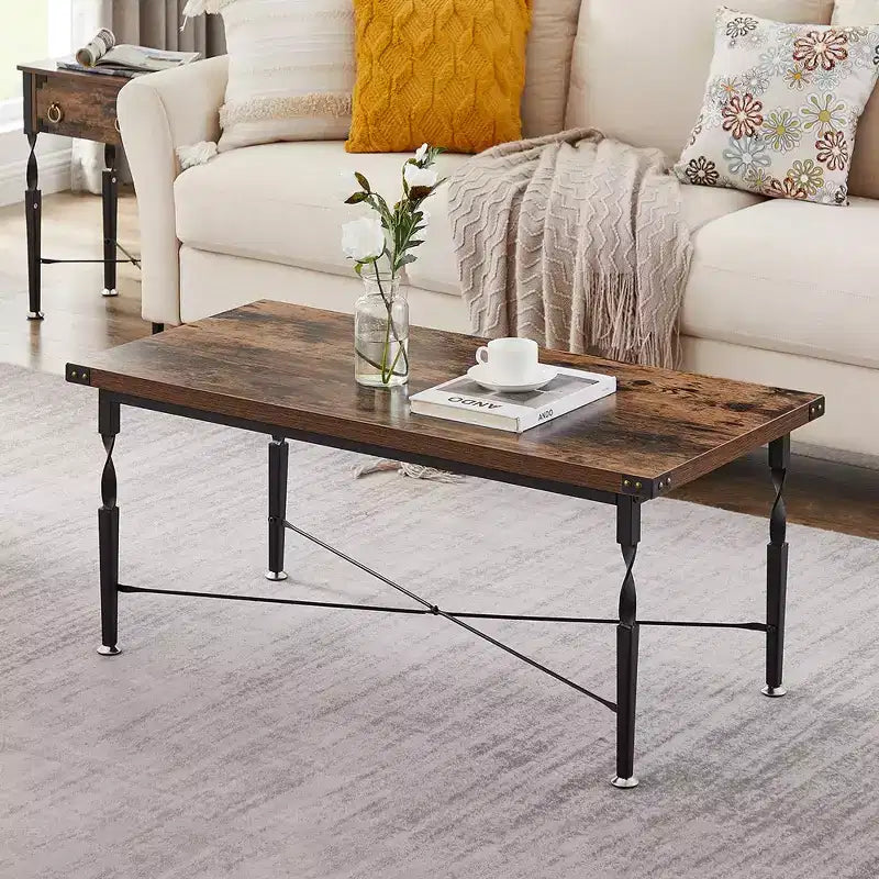 Table basse rectangulaire VECELO pour salon, meuble d'appoint d'aspect bois industriel, design en X et cadre en métal, marron rustique