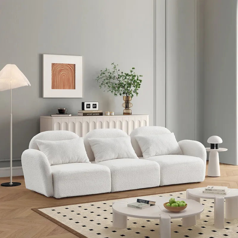 Mobilier de salon Canapé paresseux trois places en tissu Teddy blanc