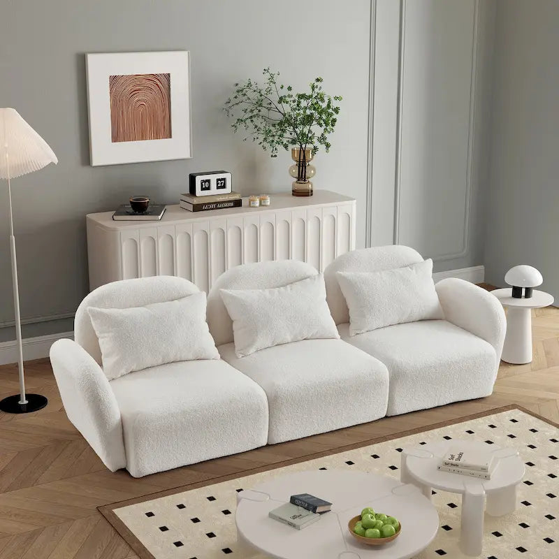 Mobilier de salon Canapé paresseux trois places en tissu Teddy blanc
