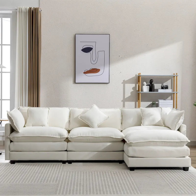 112.2 L-Shape Chenille Upholstered Sofa for Living Room Modern Luxury Sofa Couch with Ottoman, 5 Pillows, Beige