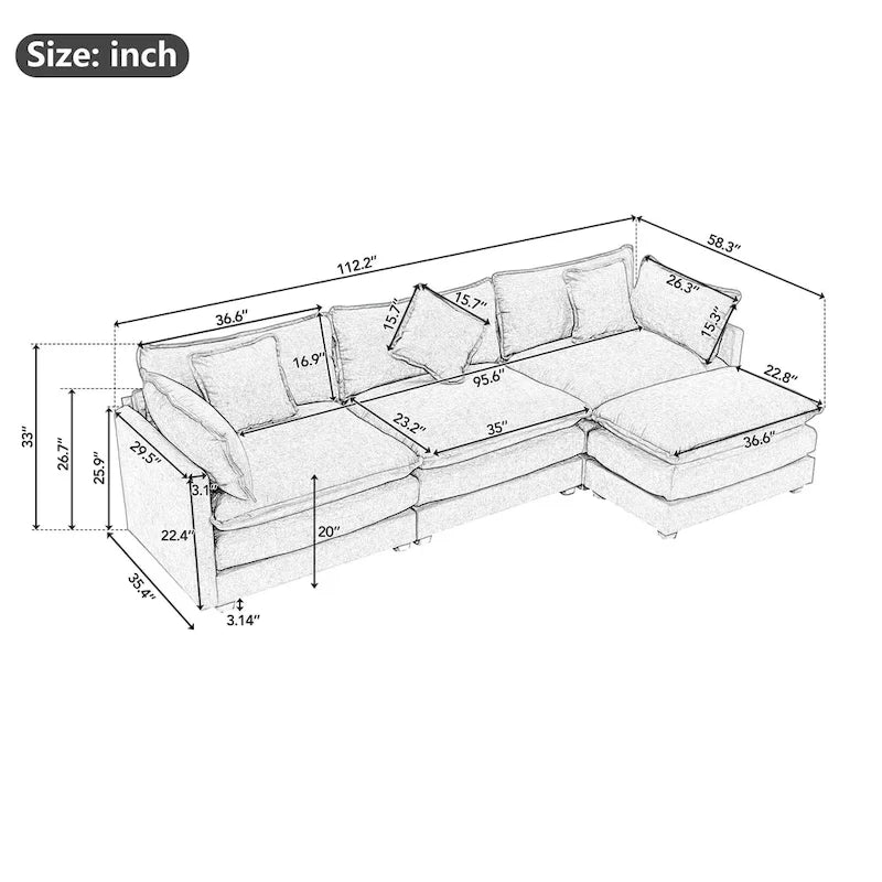 Canapé d'angle en chenille 112,2 po avec pouf et 5 coussins pour salon, beige