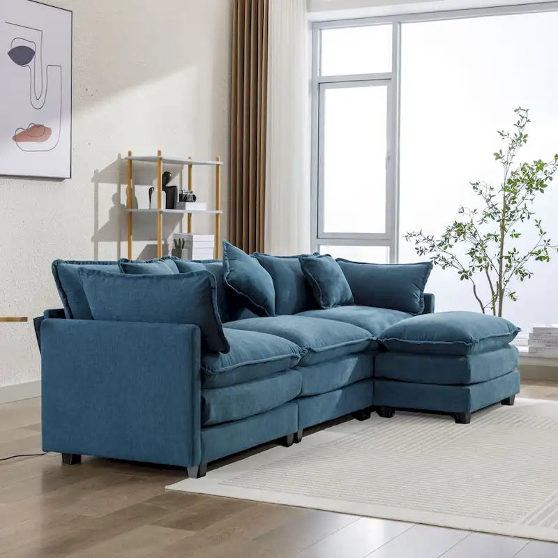 Canapé d'angle en chenille 112,2 po avec pouf et 5 coussins pour salon, beige