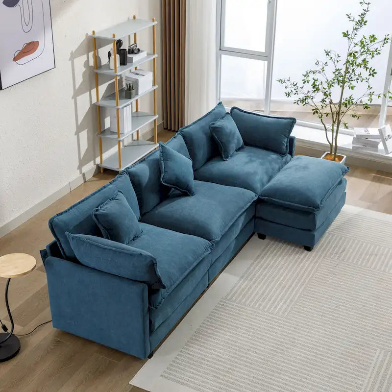 Canapé d'angle en chenille 112,2 po avec pouf et 5 coussins pour salon, beige