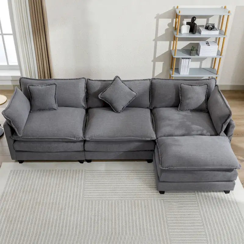 Canapé d'angle en chenille 112,2 po avec pouf et 5 coussins pour salon, beige