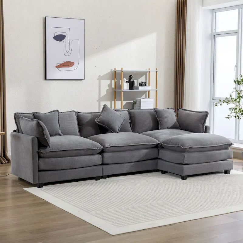 Canapé d'angle en chenille 112,2 po avec pouf et 5 coussins pour salon, beige