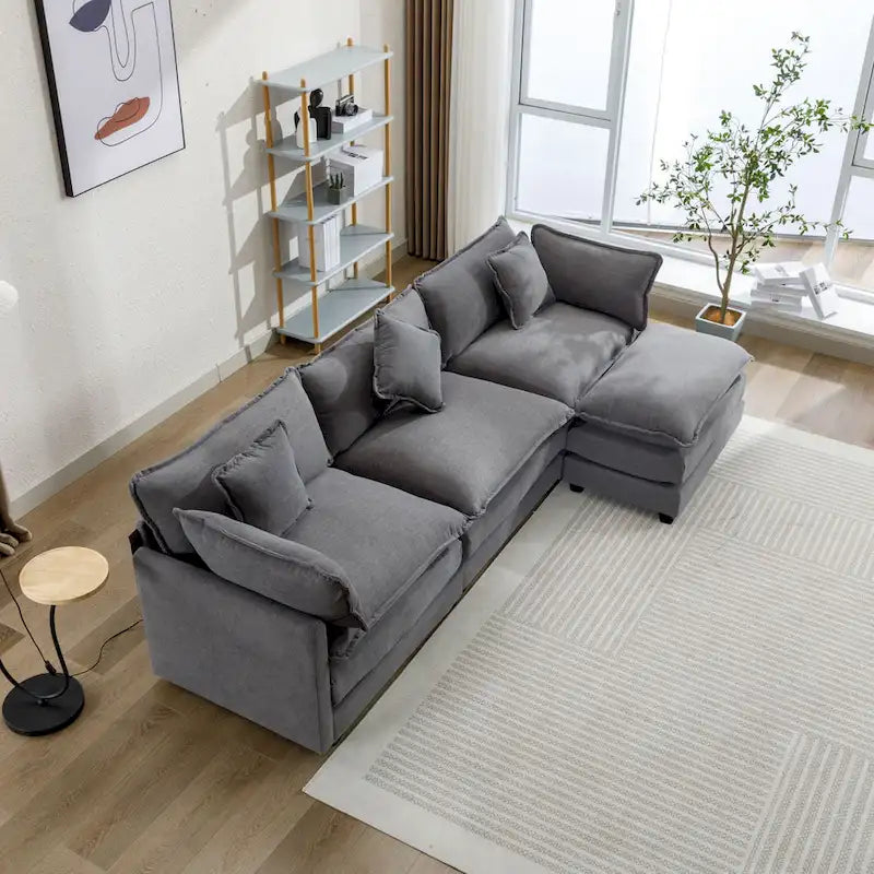 Canapé d'angle en chenille 112,2 po avec pouf et 5 coussins pour salon, beige