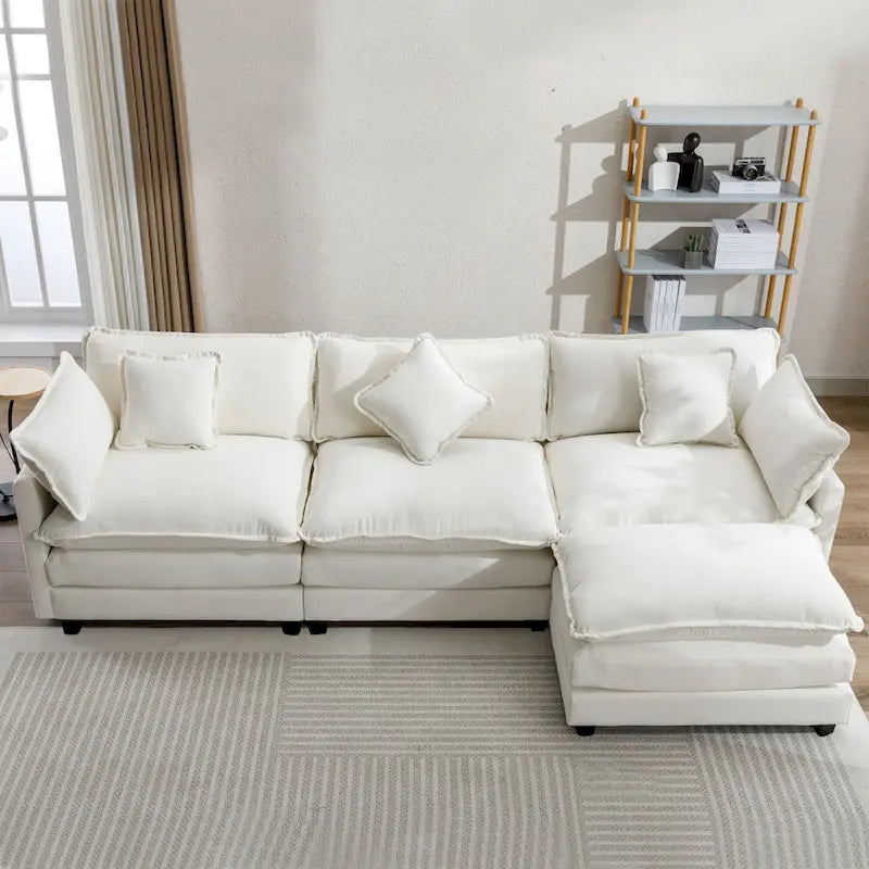 Canapé d'angle en chenille 112,2 po avec pouf et 5 coussins pour salon, beige