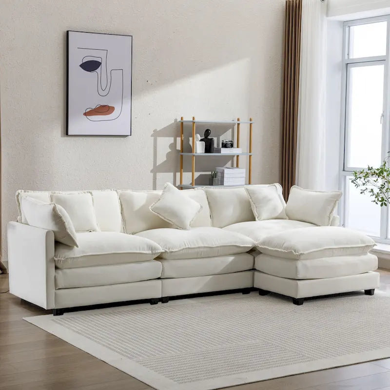 Canapé d'angle en chenille 112,2 po avec pouf et 5 coussins pour salon, beige