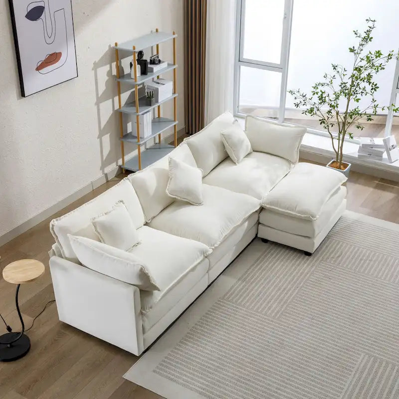 Canapé d'angle en chenille 112,2 po avec pouf et 5 coussins pour salon, beige
