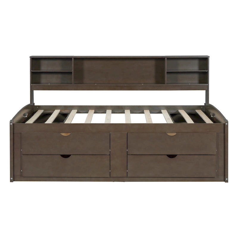 Lit de repos en bois pleine taille avec 2 tables de chevet, étagères supérieures et 4 tiroirs, marron antique
