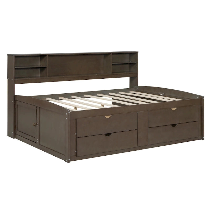 Lit de repos en bois pleine taille avec 2 tables de chevet, étagères supérieures et 4 tiroirs, marron antique