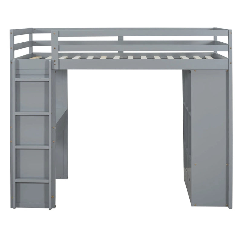 Lit mezzanine double avec grandes étagères, bureau et éclairage LED, Gris