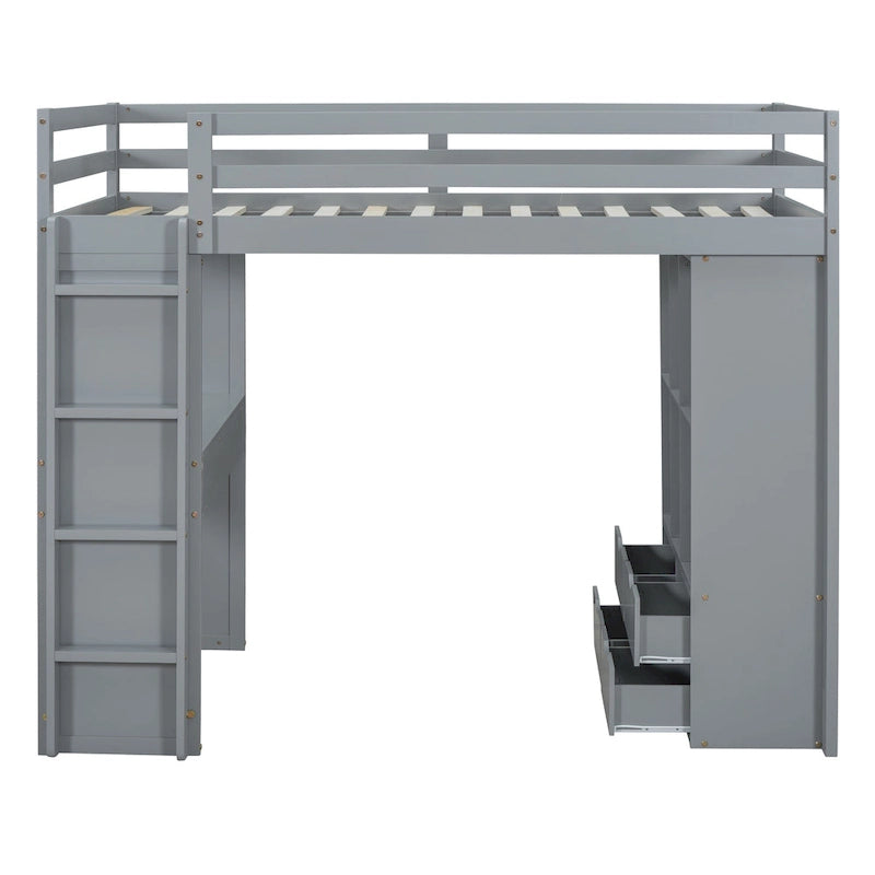 Lit mezzanine double avec grandes étagères, bureau et éclairage LED, Gris