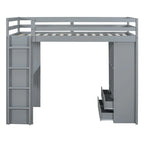 Lit mezzanine double avec grandes étagères, bureau et éclairage LED, Gris
