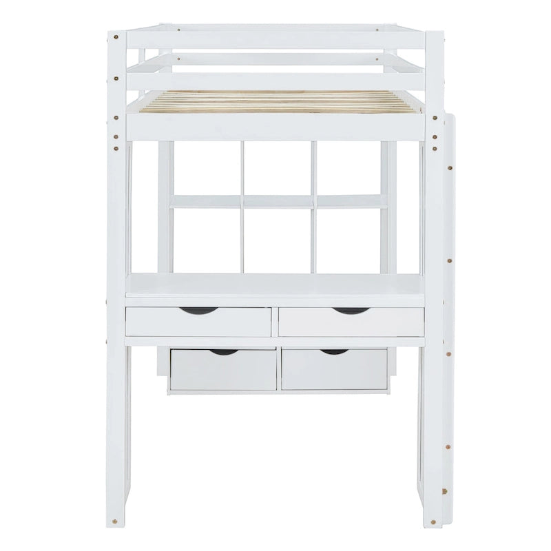 Lit mezzanine double avec grandes étagères, bureau et éclairage LED, Gris
