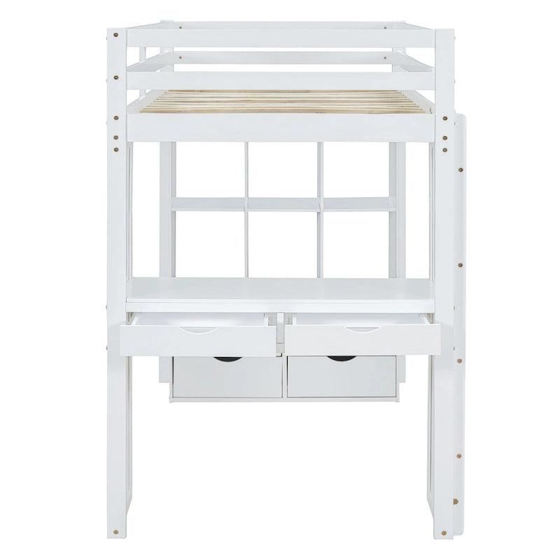 Lit mezzanine double avec grandes étagères, bureau et éclairage LED, Gris