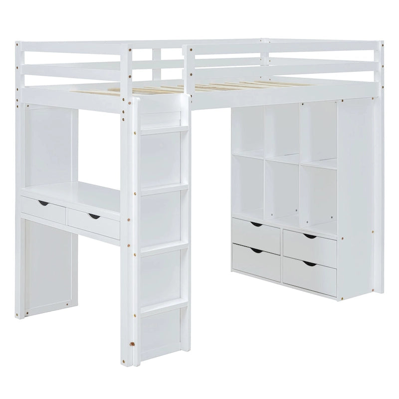 Lit mezzanine double avec grandes étagères, bureau et éclairage LED, Gris