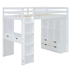 Lit mezzanine double avec grandes étagères, bureau et éclairage LED, Gris
