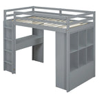 Lit mezzanine double avec grandes étagères, bureau et éclairage LED, Gris