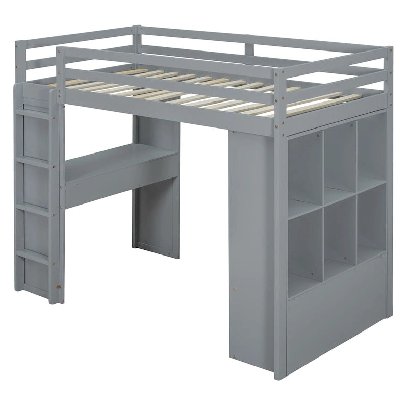 Lit mezzanine double avec grandes étagères, bureau et éclairage LED, Gris