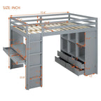 Lit mezzanine double avec grandes étagères, bureau et éclairage LED, Gris