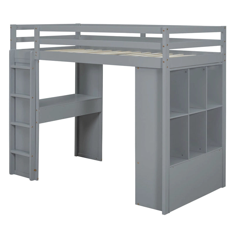 Lit mezzanine double avec grandes étagères, bureau et éclairage LED, Gris