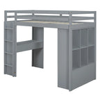 Lit mezzanine double avec grandes étagères, bureau et éclairage LED, Gris