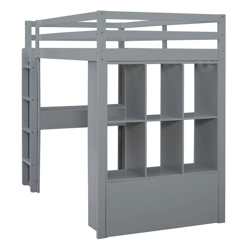 Lit mezzanine double avec grandes étagères, bureau et éclairage LED, Gris