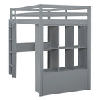 Lit mezzanine double avec grandes étagères, bureau et éclairage LED, Gris