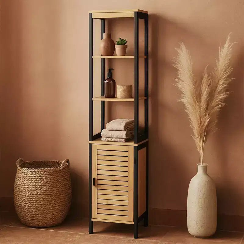 Evideco French Home Goods Cebu Elegant 13.4W x 11.13D x 68H Bamboo Linen Storage Tower - Contemporary Black Bathroom Tall Organizer