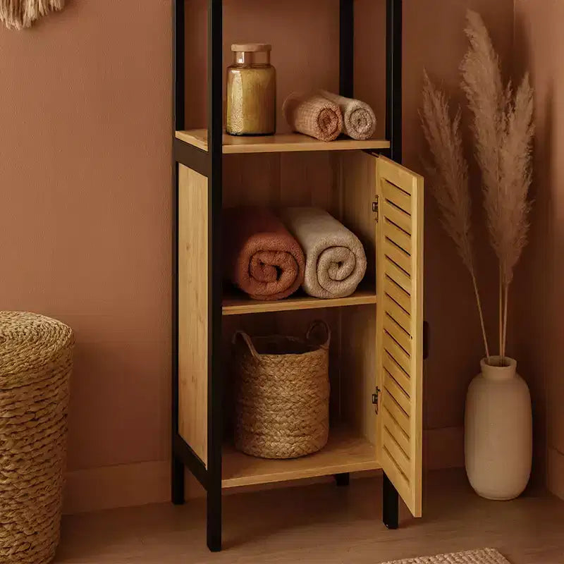 Evideco Articles ménagers français Cebu Tour de rangement à linge en bambou élégant 34 cm L x 28,27 cm P x 172,72 cm H – Organisateur haut de salle de bain noir contemporain