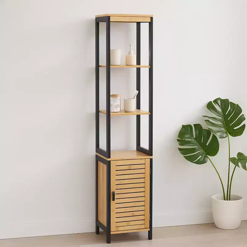 Evideco Articles ménagers français Cebu Tour de rangement à linge en bambou élégant 34 cm L x 28,27 cm P x 172,72 cm H – Organisateur haut de salle de bain noir contemporain