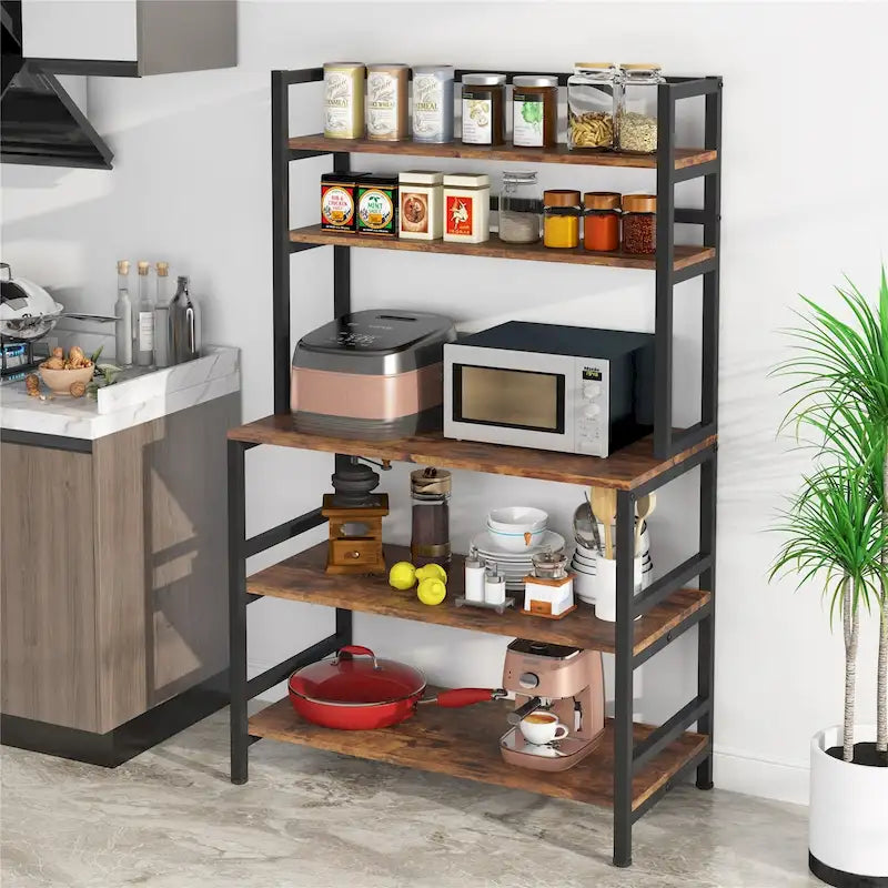Étagère de cuisine industrielle à 5 niveaux pour micro-ondes, support de boulanger avec huche, blanche, moderne, étagère de rangement utilitaire pour la cuisine.