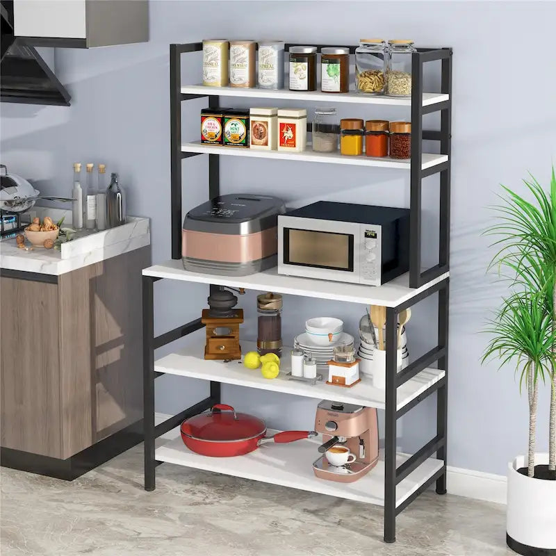 Étagère de cuisine industrielle à 5 niveaux pour micro-ondes, support de boulanger avec huche, blanche, moderne, étagère de rangement utilitaire pour la cuisine.