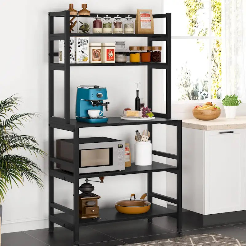 Étagère de cuisine industrielle à 5 niveaux pour micro-ondes, support de boulanger avec huche, blanche, moderne, étagère de rangement utilitaire pour la cuisine.