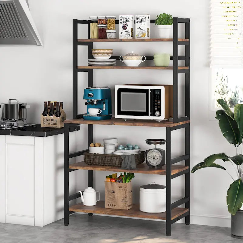 Étagère de cuisine industrielle à 5 niveaux pour micro-ondes, support de boulanger avec huche, blanche, moderne, étagère de rangement utilitaire pour la cuisine.