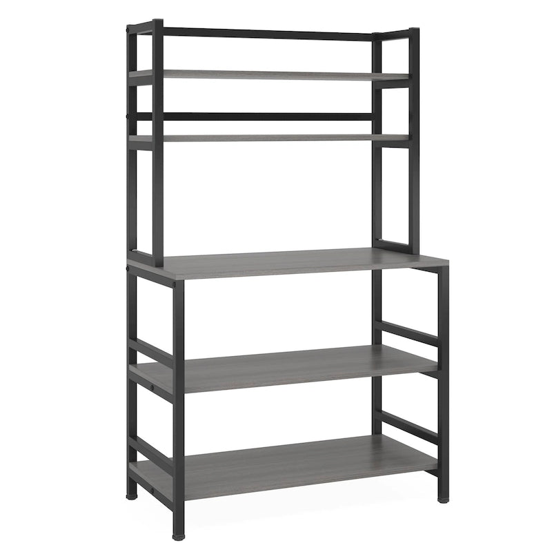 Étagère de cuisine industrielle à 5 niveaux pour micro-ondes, support de boulanger avec huche, blanche, moderne, étagère de rangement utilitaire pour la cuisine.