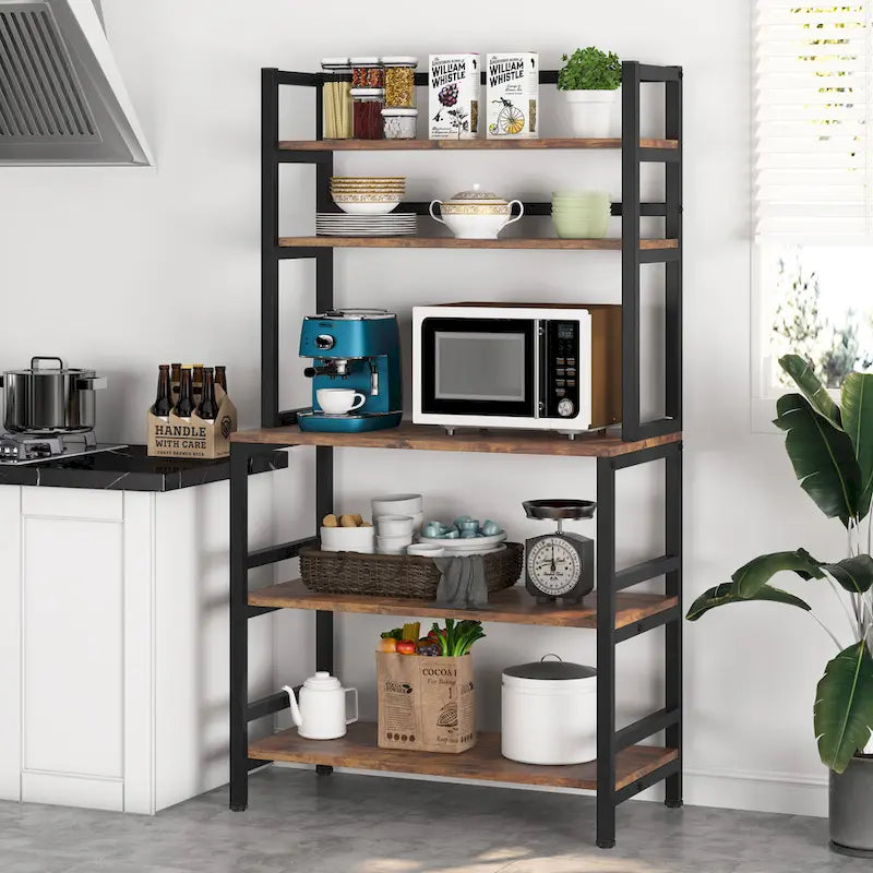 Étagère de cuisine industrielle à 5 niveaux pour micro-ondes, support de boulanger avec huche, blanche, moderne, étagère de rangement utilitaire pour la cuisine.