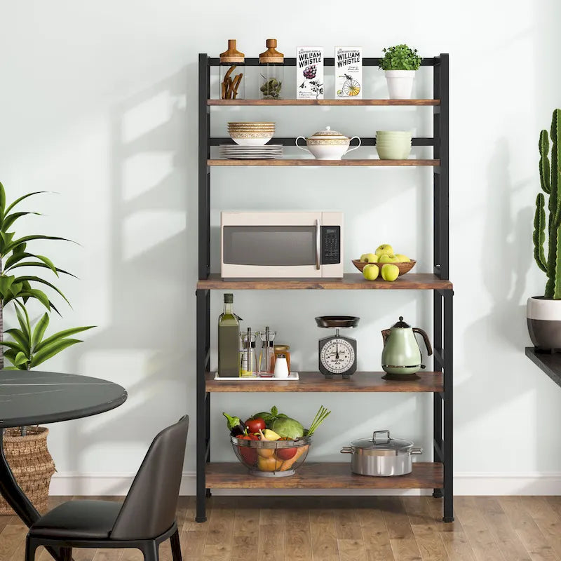 Étagère de cuisine industrielle à 5 niveaux pour micro-ondes, support de boulanger avec huche, blanche, moderne, étagère de rangement utilitaire pour la cuisine.