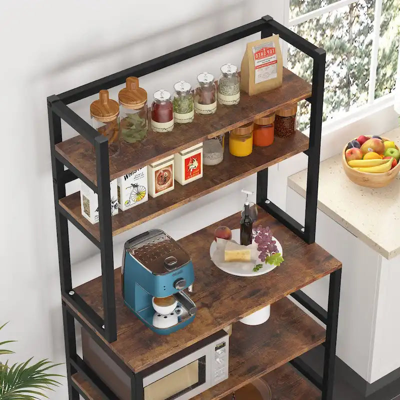Étagère de cuisine industrielle à 5 niveaux pour micro-ondes, support de boulanger avec huche, blanche, moderne, étagère de rangement utilitaire pour la cuisine.