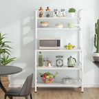 Étagère de cuisine industrielle à 5 niveaux pour micro-ondes, support de boulanger avec huche, blanche, moderne, étagère de rangement utilitaire pour la cuisine.