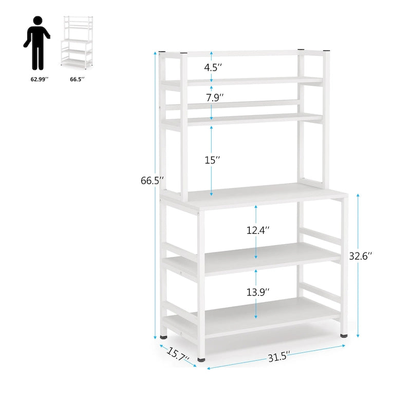 Étagère de cuisine industrielle à 5 niveaux pour micro-ondes, support de boulanger avec huche, blanche, moderne, étagère de rangement utilitaire pour la cuisine.