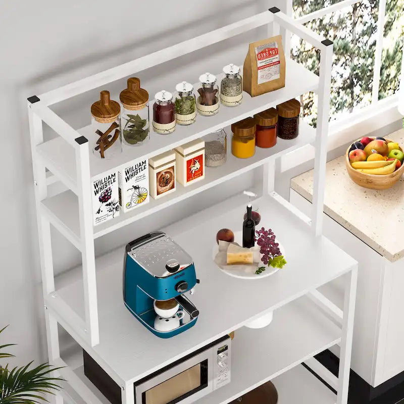 Étagère de cuisine industrielle à 5 niveaux pour micro-ondes, support de boulanger avec huche, blanche, moderne, étagère de rangement utilitaire pour la cuisine.