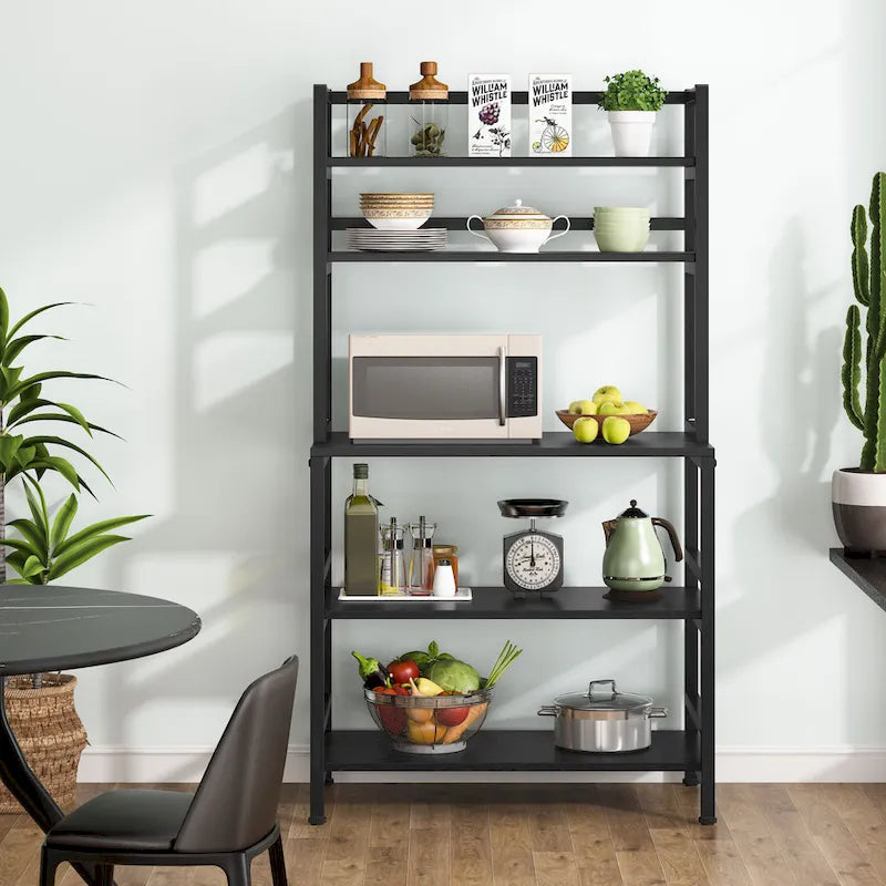 Étagère de cuisine industrielle à 5 niveaux pour micro-ondes, support de boulanger avec huche, blanche, moderne, étagère de rangement utilitaire pour la cuisine.